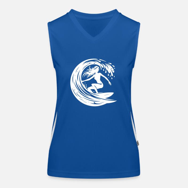 Elegant surfer with surfboard in wave tunnel Women's Functional Contrast Tank Top