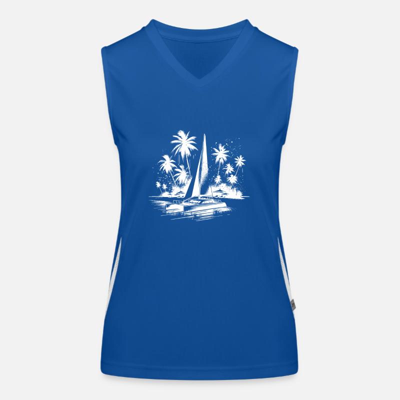 Katamaran Doppelrumpf Segleboot mit Palmen Funktionelles Kontrast-Tank Top für Frauen