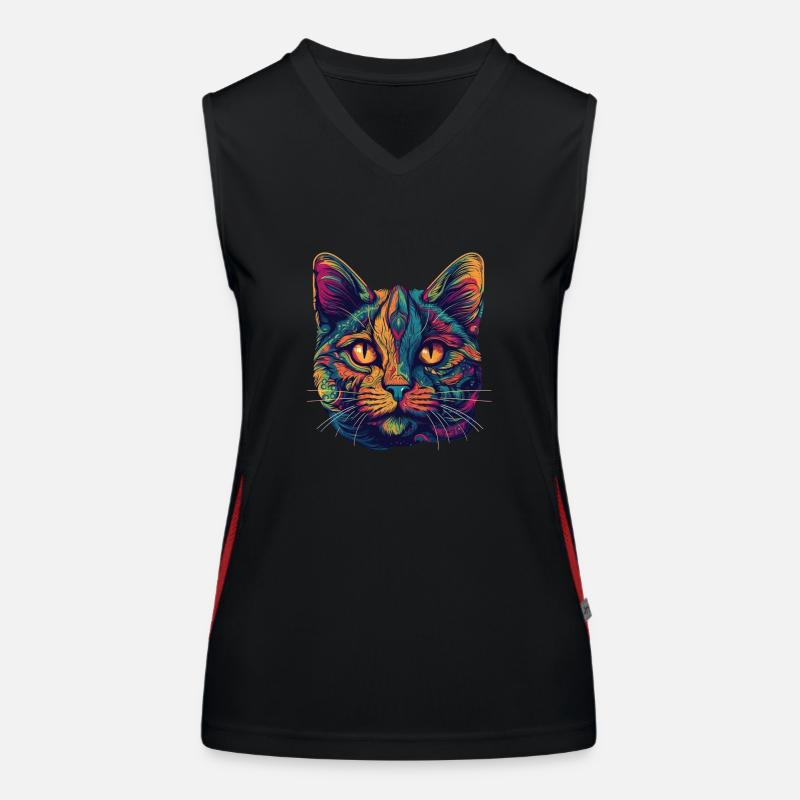 Psychedelic cat face with colorful patterns Women's Functional Contrast Tank Top