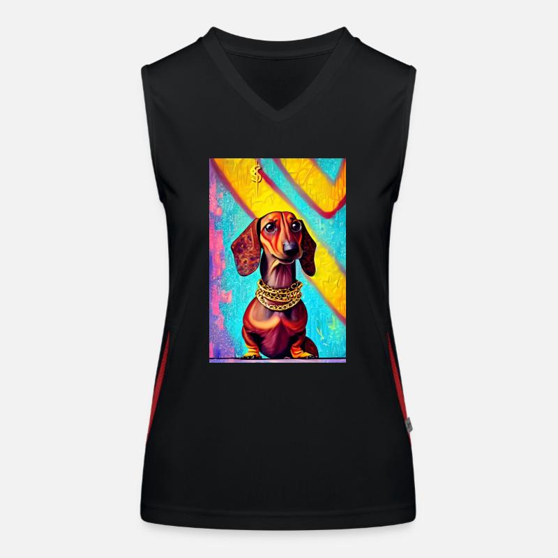Modernes Pop-Art Print | Dackel mit Graffiti Bunt Funktionelles Kontrast-Tank Top für Frauen