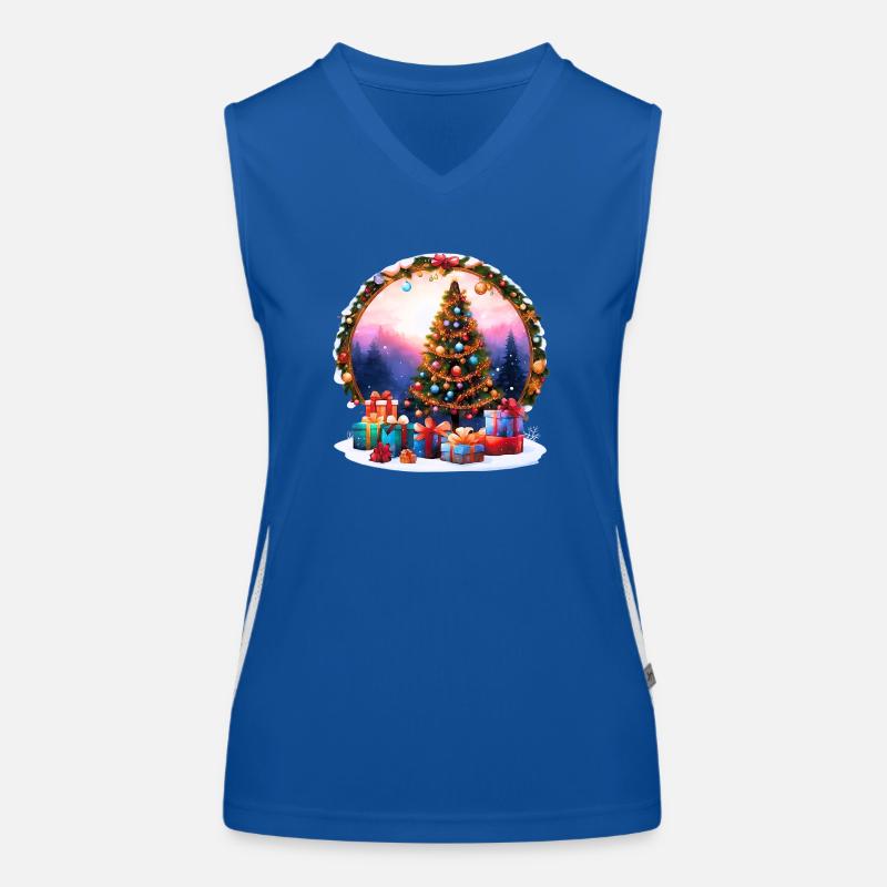 Farbenfroher Weihnachtsbaum mit Geschenken im Winterklima Funktionelles Kontrast-Tank Top für Frauen