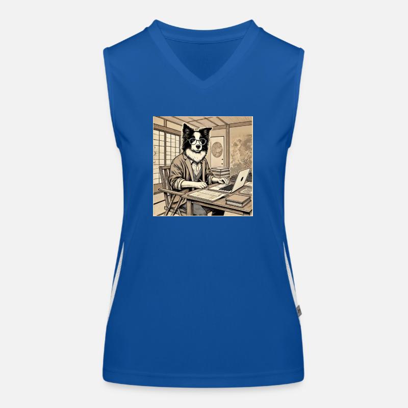 Border Collie am Schreibtisch - Ukiyo-e Stil Funktionelles Kontrast-Tank Top für Frauen