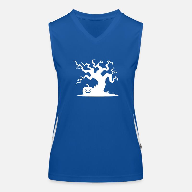 Unheimlicher Halloween Spukbaum mit Kürbis Funktionelles Kontrast-Tank Top für Frauen