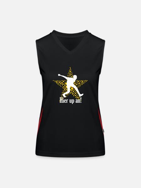 Boßelspruch Plattdeutsch Hier up an - Geschenk - Funktionelles Kontrast-Tank Top für Frauen - Schwarz/Rot - Vorne