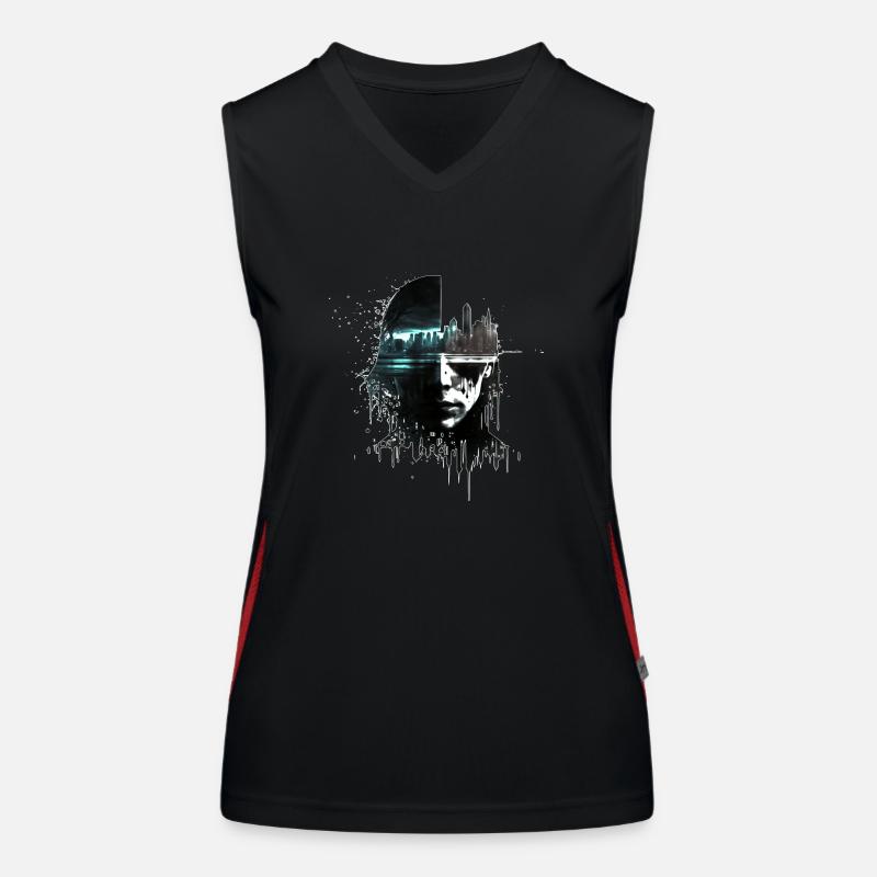 Einsame Hackerin in einer dystopischen Stadt Funktionelles Kontrast-Tank Top für Frauen
