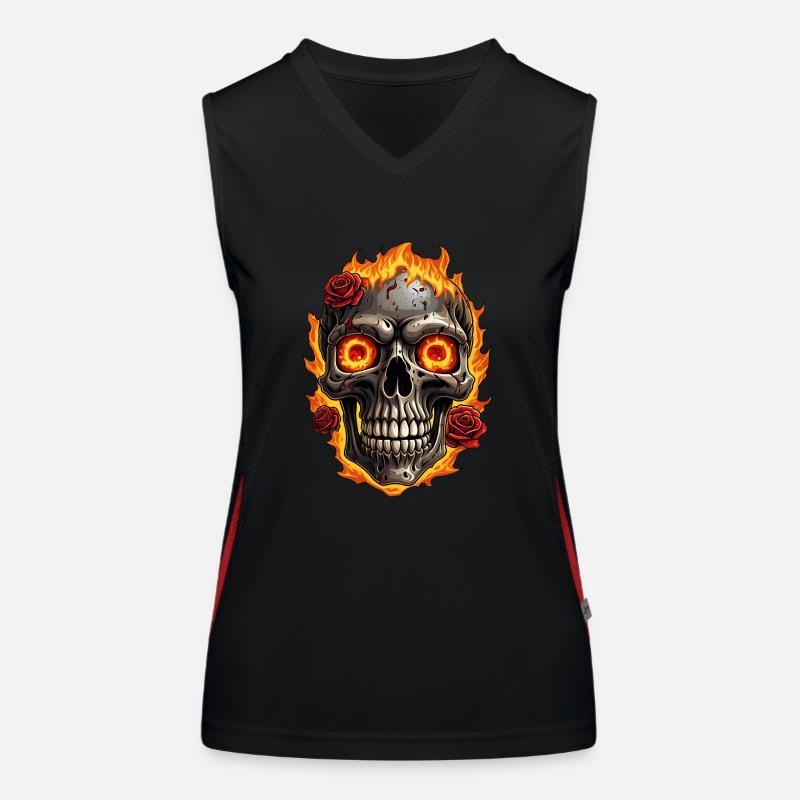 Skull with Fire and Red Roses Burning Skull Women's Functional Contrast Tank Top