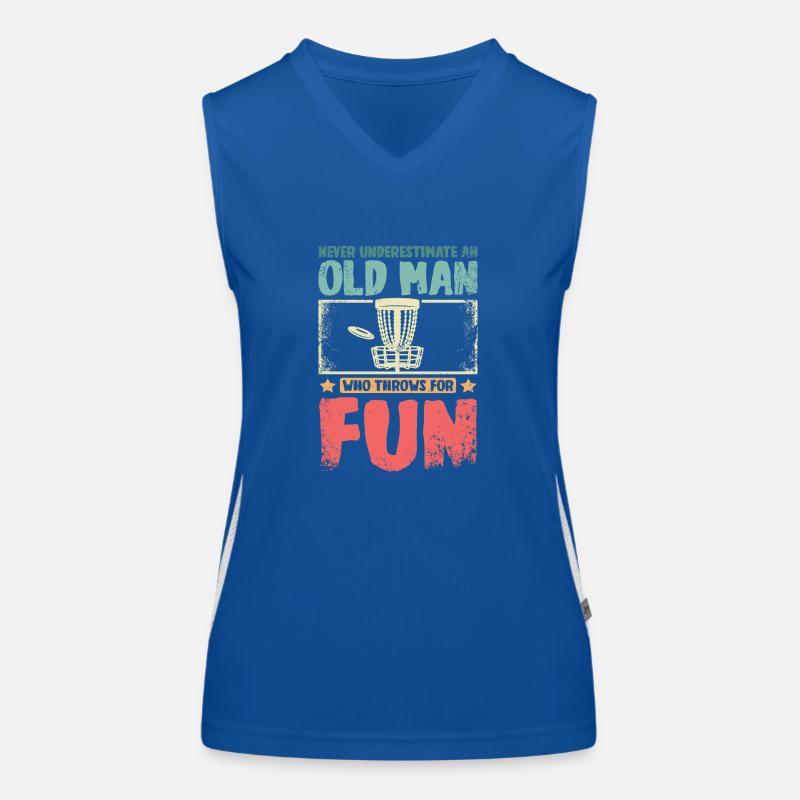 Never underestimate an old man throws disc golf Funktionelles Kontrast-Tank Top für Frauen