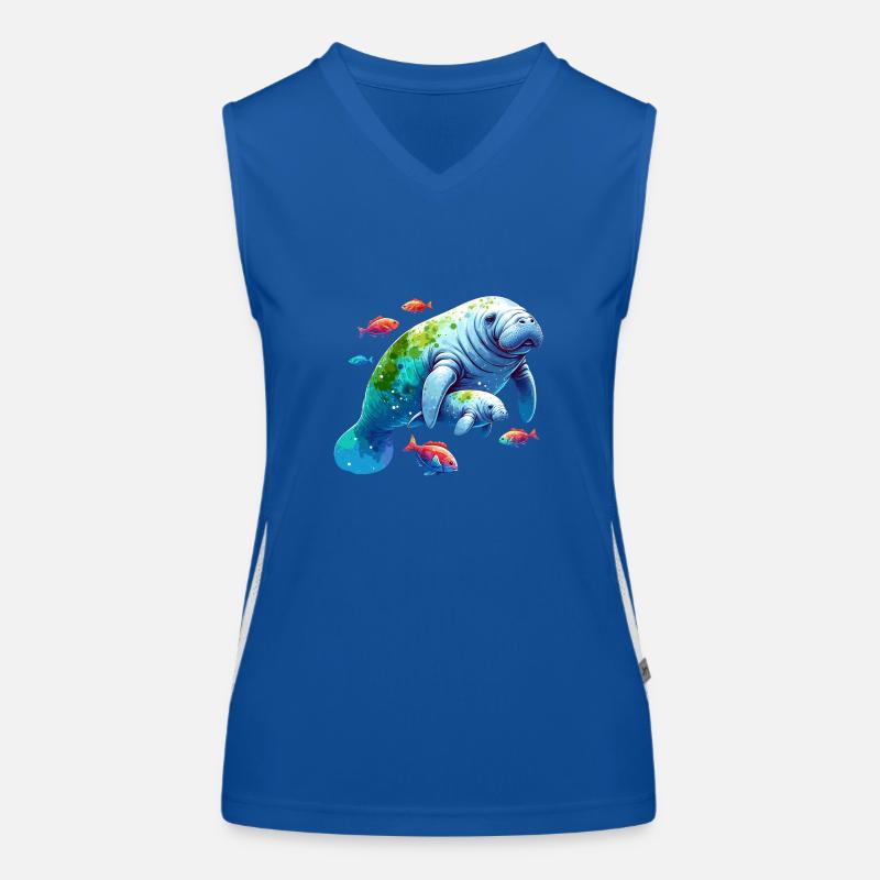 Manatee with calf and small colorful fish Women's Functional Contrast Tank Top