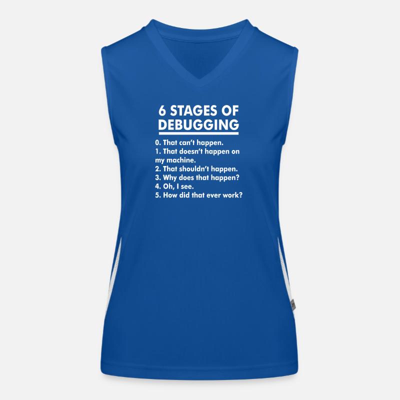 Humorvolle Illustration der Debugging-Phasen Funktionelles Kontrast-Tank Top für Frauen