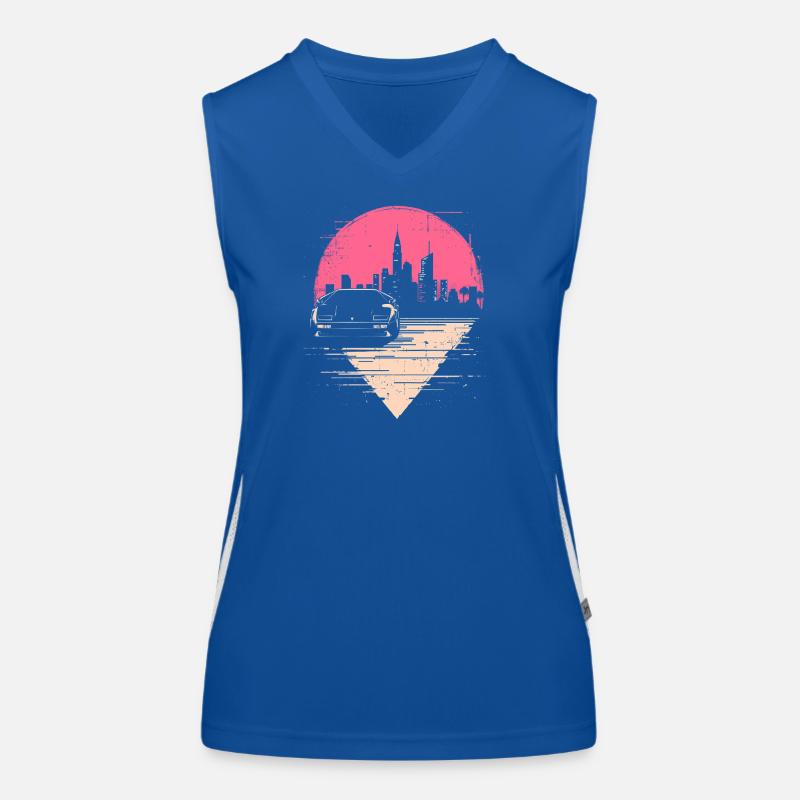 Synthwave 80er Retro Auto Skyline Motiv Geschenk Funktionelles Kontrast-Tank Top für Frauen