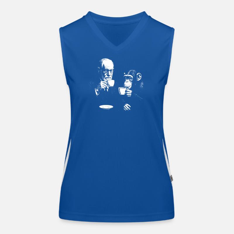 Sigmund Freud drinking coffee with monkey Women's Functional Contrast Tank Top