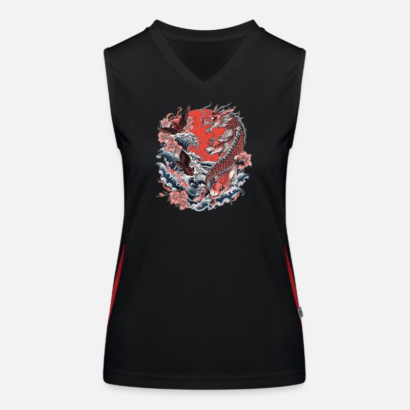 Koi, Waves and Cherry Blossom - Women's Functional Contrast Tank Top - black/red