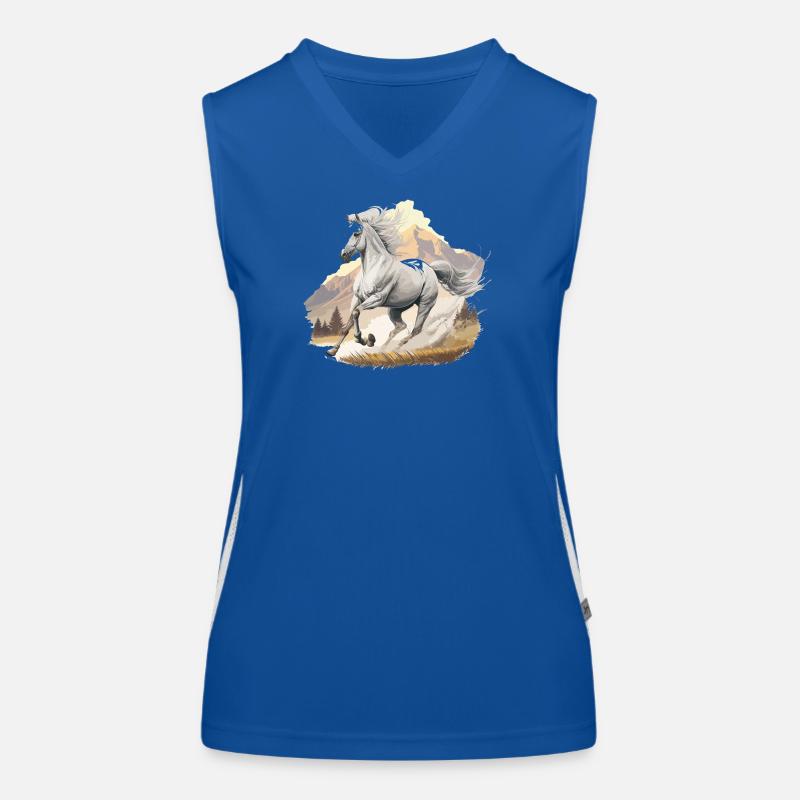 Hoch springendes Pferd in Berglandschaft Funktionelles Kontrast-Tank Top für Frauen