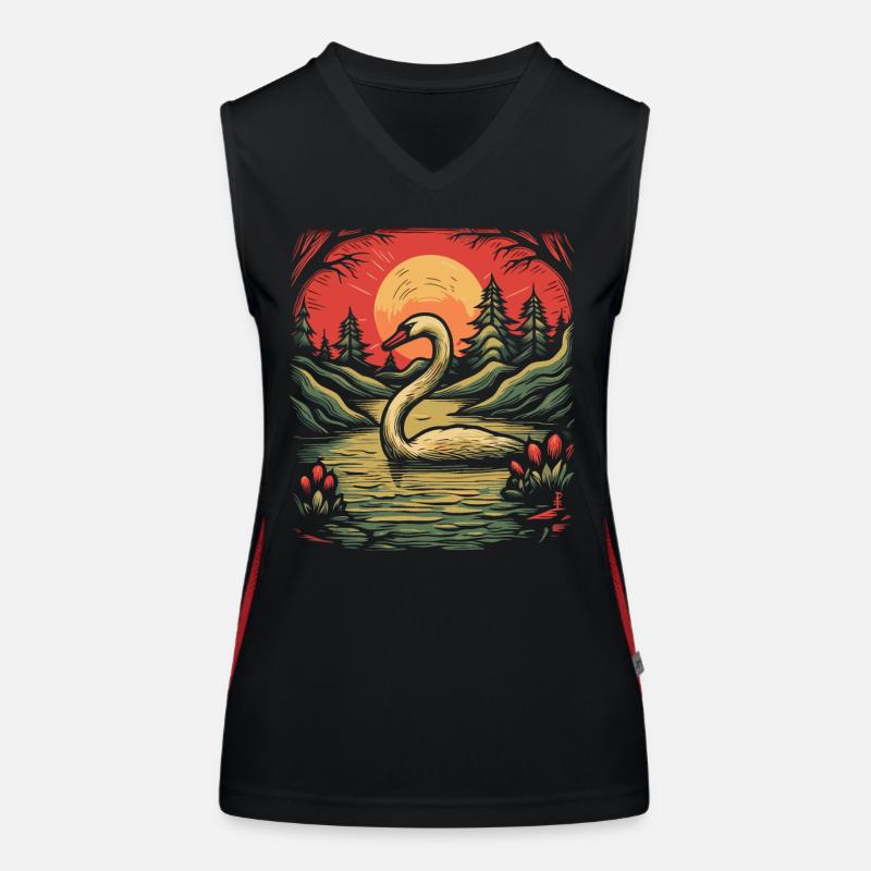 Woodcut with swan on a lake Women's Functional Contrast Tank Top