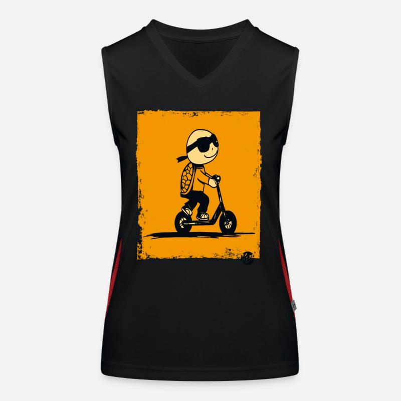 Lustige Cartoon-Schildkröte auf Roller Funktionelles Kontrast-Tank Top für Frauen