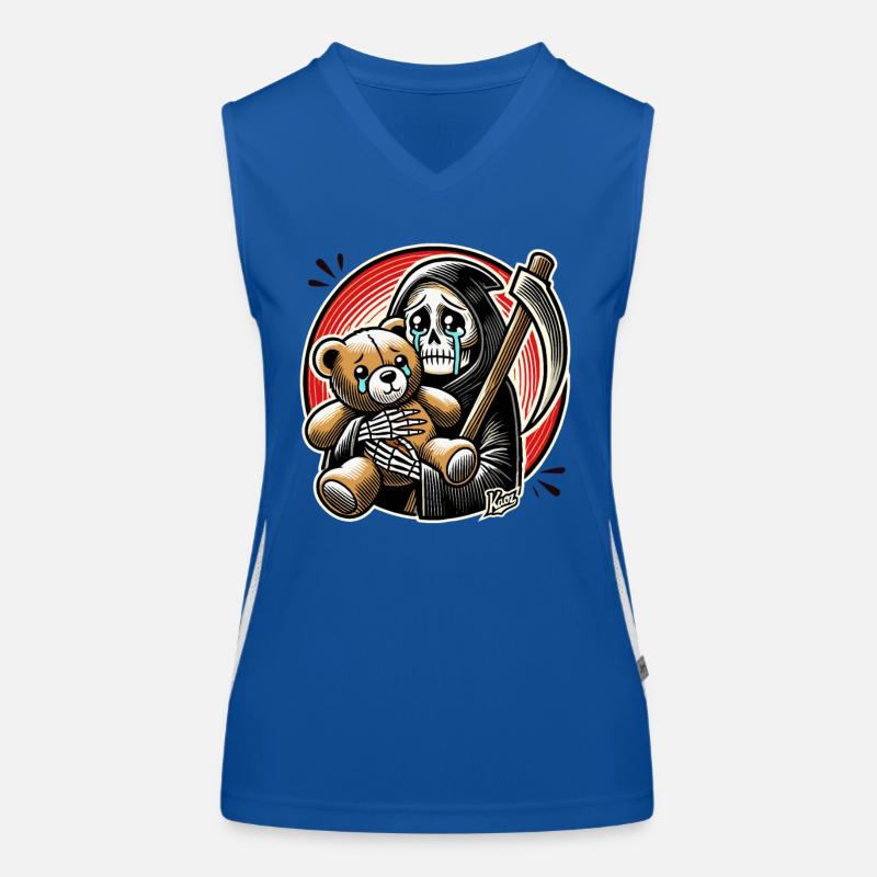 Crying Grim Reaper cuddling a stuffed animal Women's Functional Contrast Tank Top