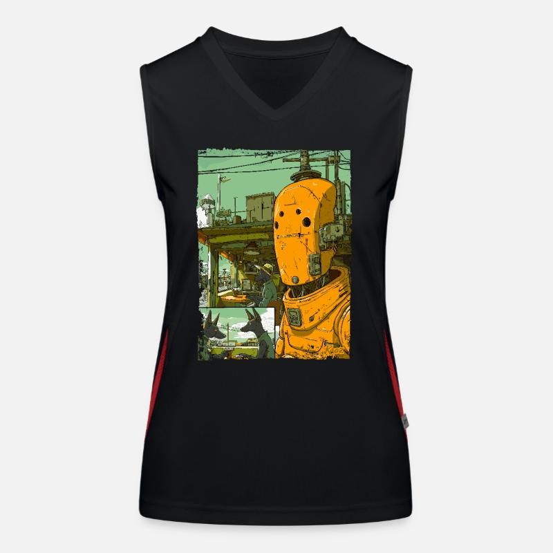 Cartoon of a sci-fi dystopia with robot Women's Functional Contrast Tank Top