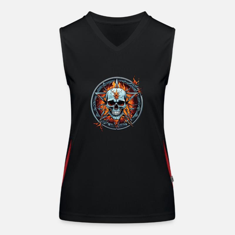 Skull and pentagram flames in circle Women's Functional Contrast Tank Top