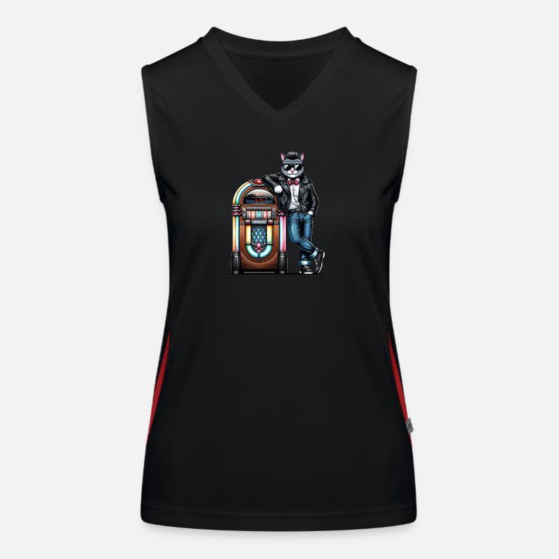 Rockabilly Cat standing at a 80s Jukebox. Women's Functional Contrast Tank Top