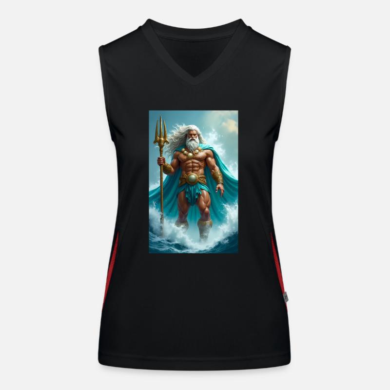 Poseidon, powerful sea god with trident, waves Women's Functional Contrast Tank Top