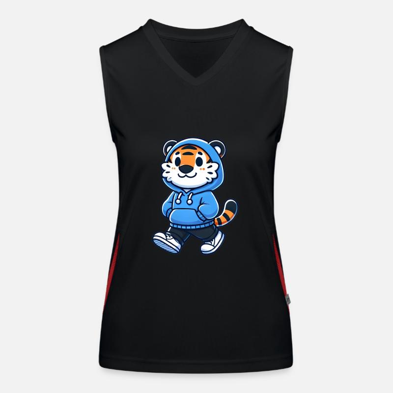 Cooles Tiger-Maskottchen im blauen Kapuzenpullover Funktionelles Kontrast-Tank Top für Frauen