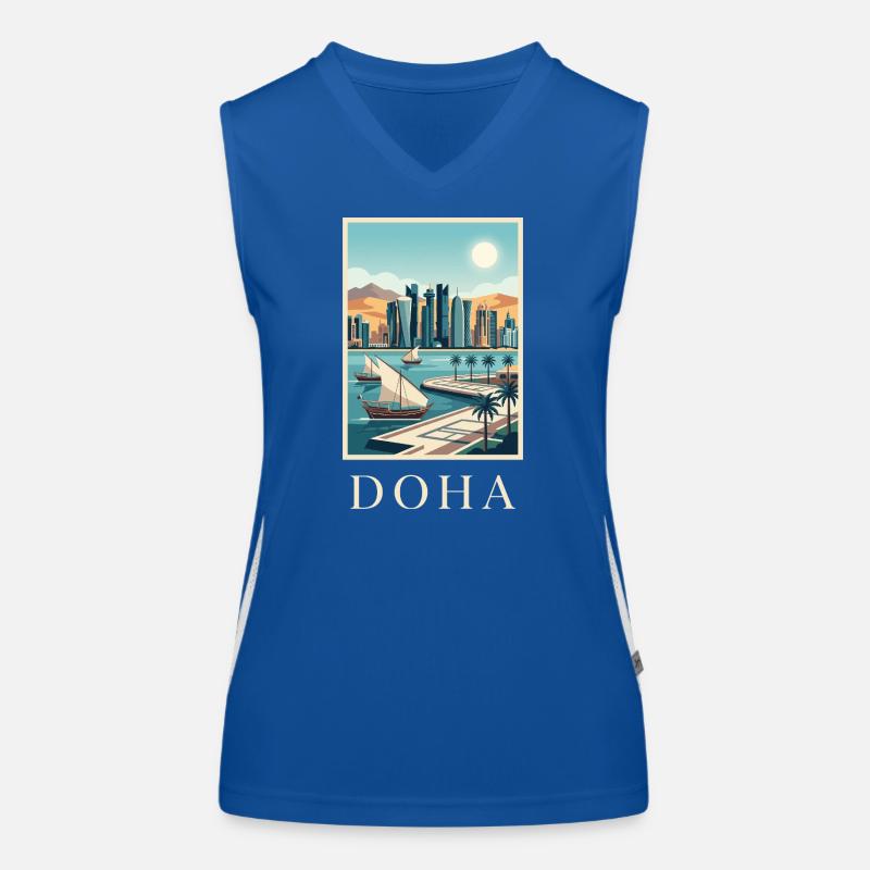 Doha Waterfront Cityscape Katar Reiseplakat Funktionelles Kontrast-Tank Top für Frauen