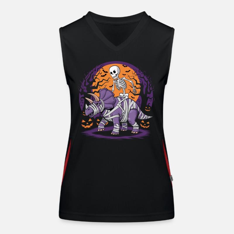 Skelett reitet einen Dinosaurier an Halloween Funktionelles Kontrast-Tank Top für Frauen