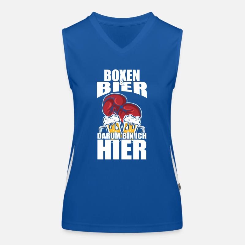 Lustiger Spruch Boxen Bier darum bin ich hier Funktionelles Kontrast-Tank Top für Frauen
