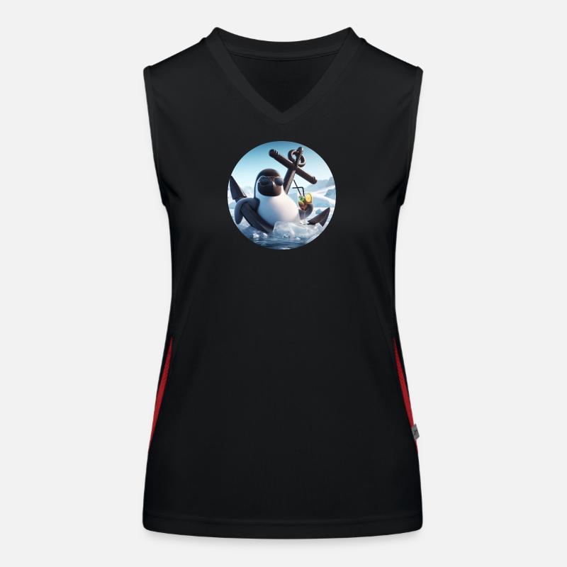 Comic penguin leaning in anchor with cocktail Women's Functional Contrast Tank Top