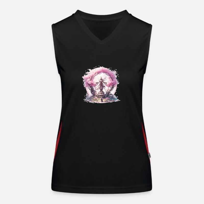 Statue unter einem Kirschblütenbaum Funktionelles Kontrast-Tank Top für Frauen