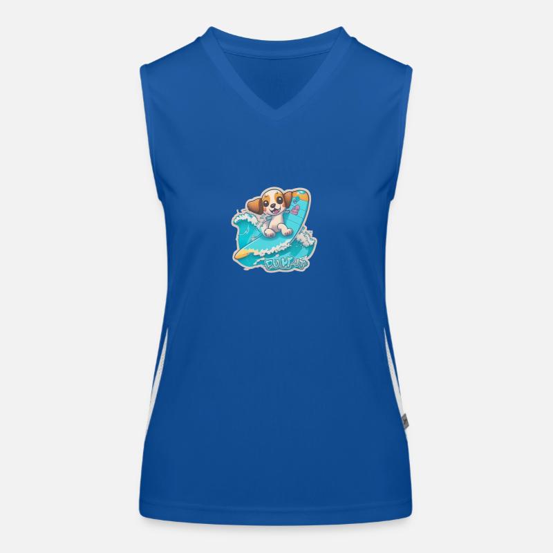 Welpe reitet auf einem Surfbrett mit Wellen, "Surf Pup" Funktionelles Kontrast-Tank Top für Frauen