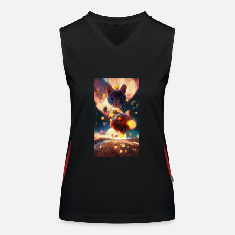 Cat god hovering over a planet Women's Functional Contrast Tank Top