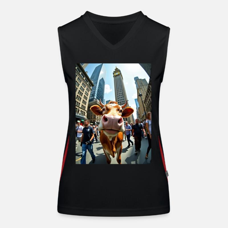 Lustige Kuh Selfie in einer belebten Stadt Funktionelles Kontrast-Tank Top für Frauen