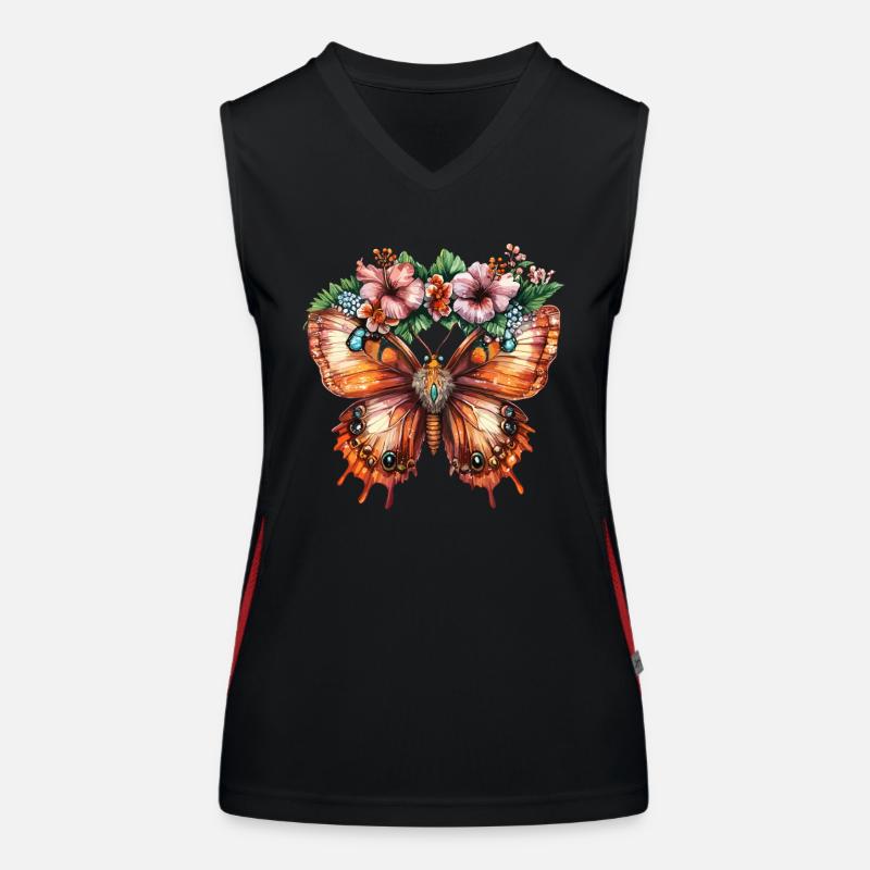 Papillon tropical avec des fleurs Débardeur respirant contrasté Femme