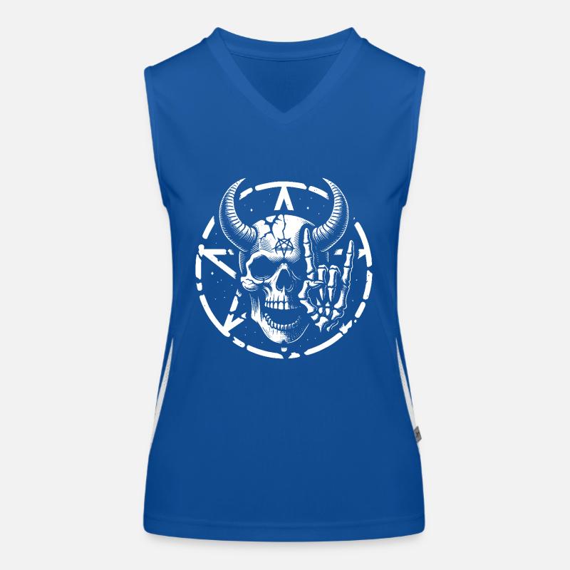 Skull with horns pentagram makes devil horns Women's Functional Contrast Tank Top