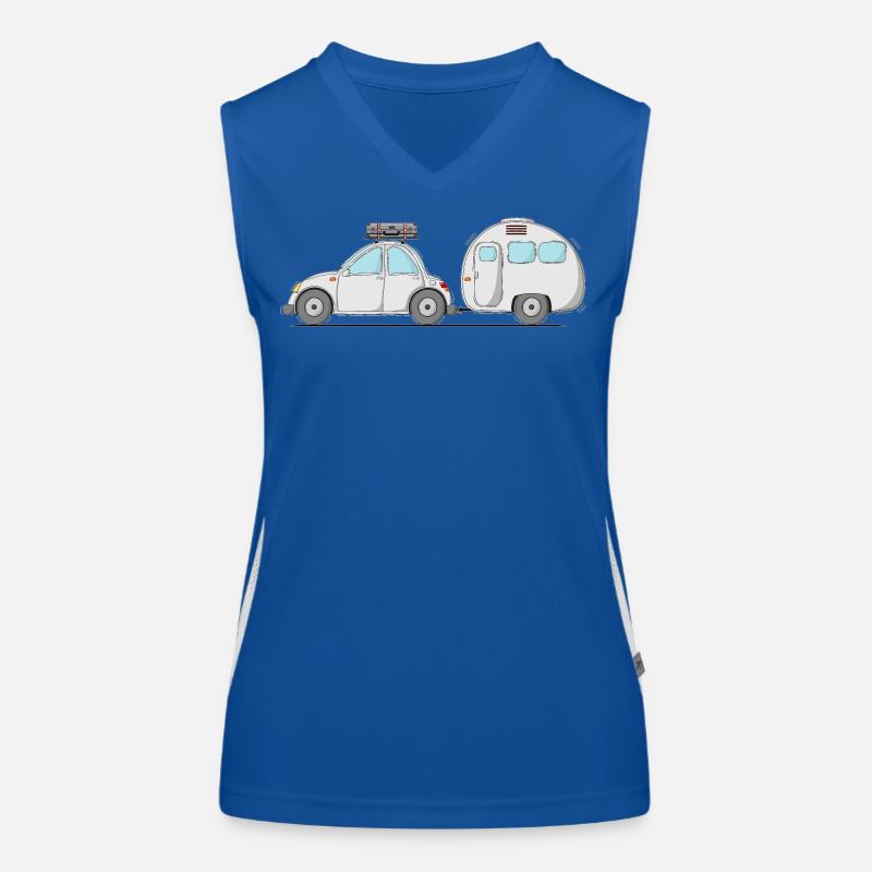 Auto mit Wohnwagen und Koffer in Grau Funktionelles Kontrast-Tank Top für Frauen
