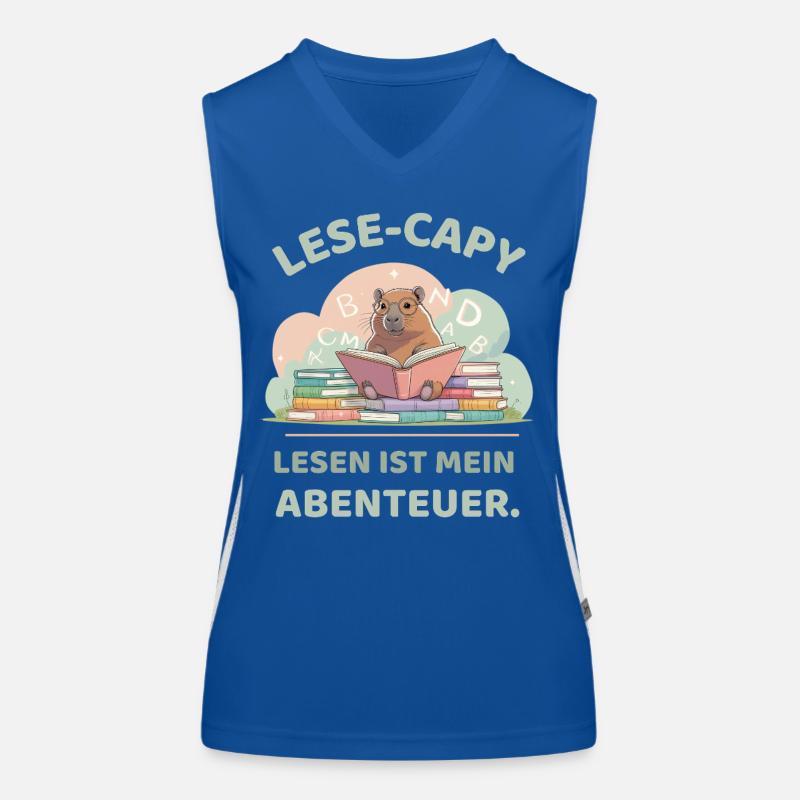 Capybara reading between stacks of books Women's Functional Contrast Tank Top