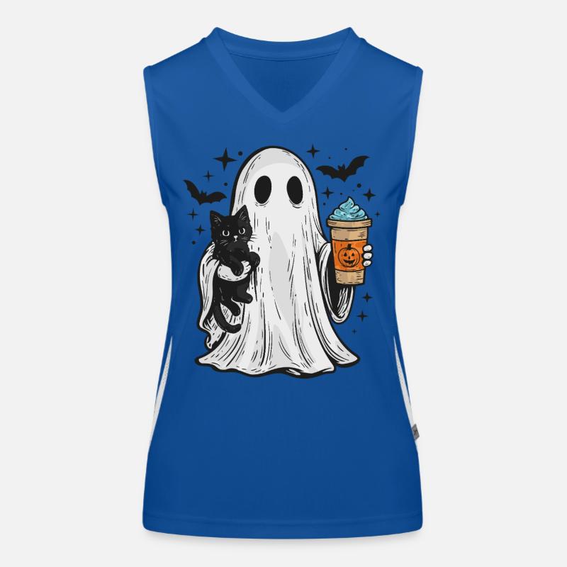 Halloween-Geist mit Katze und Kaffee Funktionelles Kontrast-Tank Top für Frauen