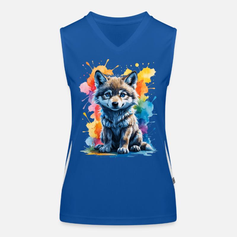 Watercolor wolf pup in color splash Women's Functional Contrast Tank Top
