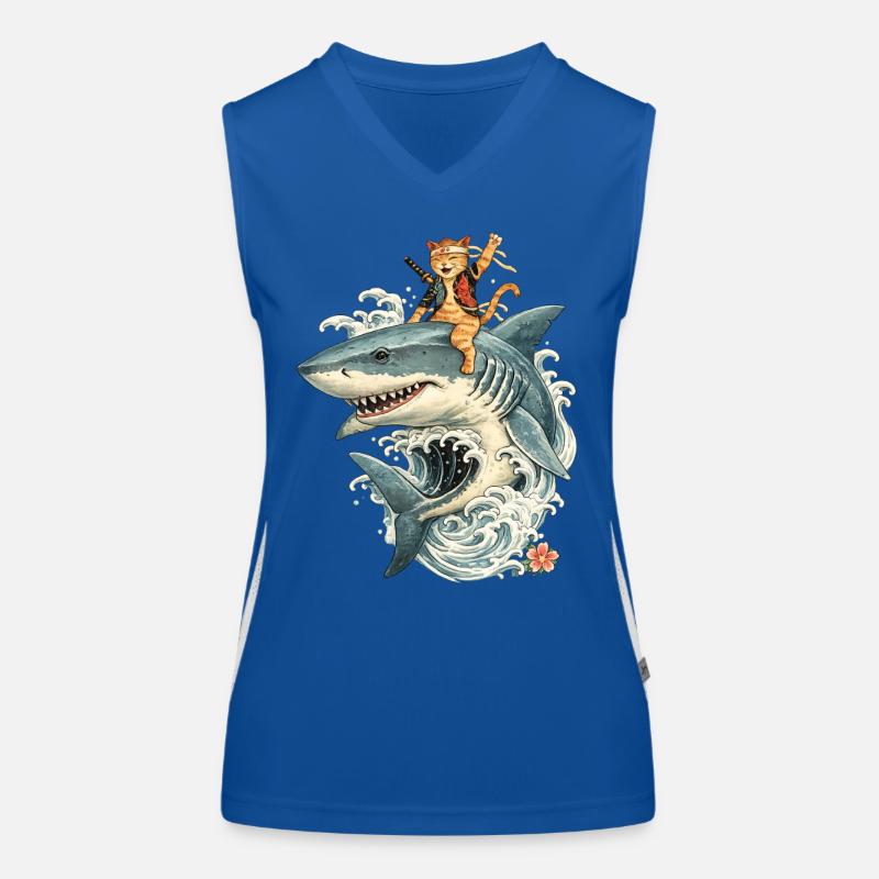 Samurai-Katze reitet auf Hai – Wellenritt mit Stil Funktionelles Kontrast-Tank Top für Frauen