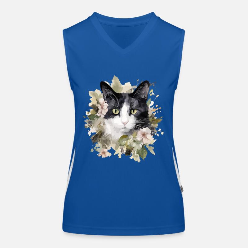 Noir Blanc Chat Fleurs Aquarelle Art Coloré Débardeur respirant contrasté Femme