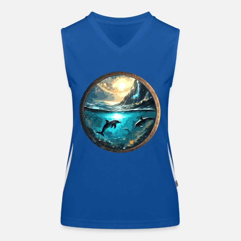 Dolphin,Gold,Water,Sea,Circle,Epic,Reflection Women's Functional Contrast Tank Top