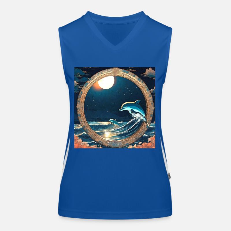 Dolphins,Anime style,wave,night,circle,gold,painting Women's Functional Contrast Tank Top
