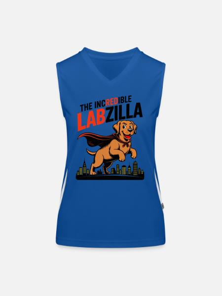 Labzilla – Labrador roux en mode monstre - Débardeur respirant contrasté Femme - bleu/blanc - Devant