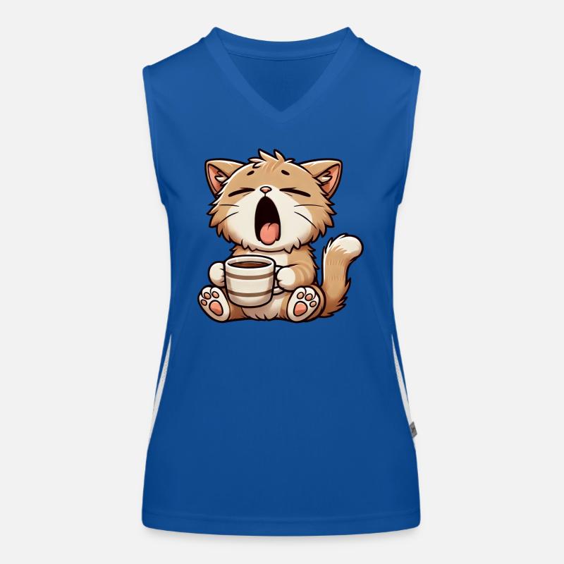 Tired cat yawns with coffee morning grouch Women's Functional Contrast Tank Top