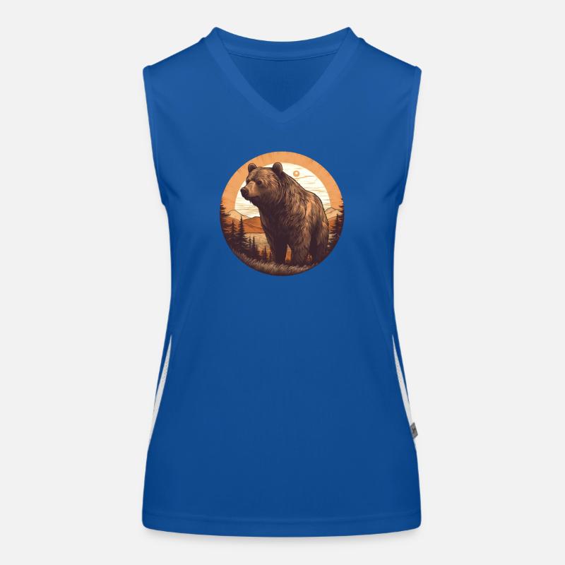 Retro Braunbär Sonnenuntergang Wald und Bäume Funktionelles Kontrast-Tank Top für Frauen