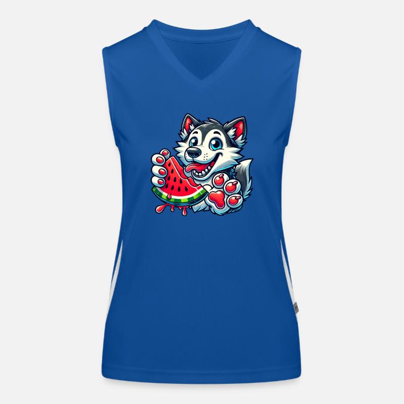 Cooler Husky Hund im Sommer mit Wassermelone Comic Funktionelles Kontrast-Tank Top für Frauen