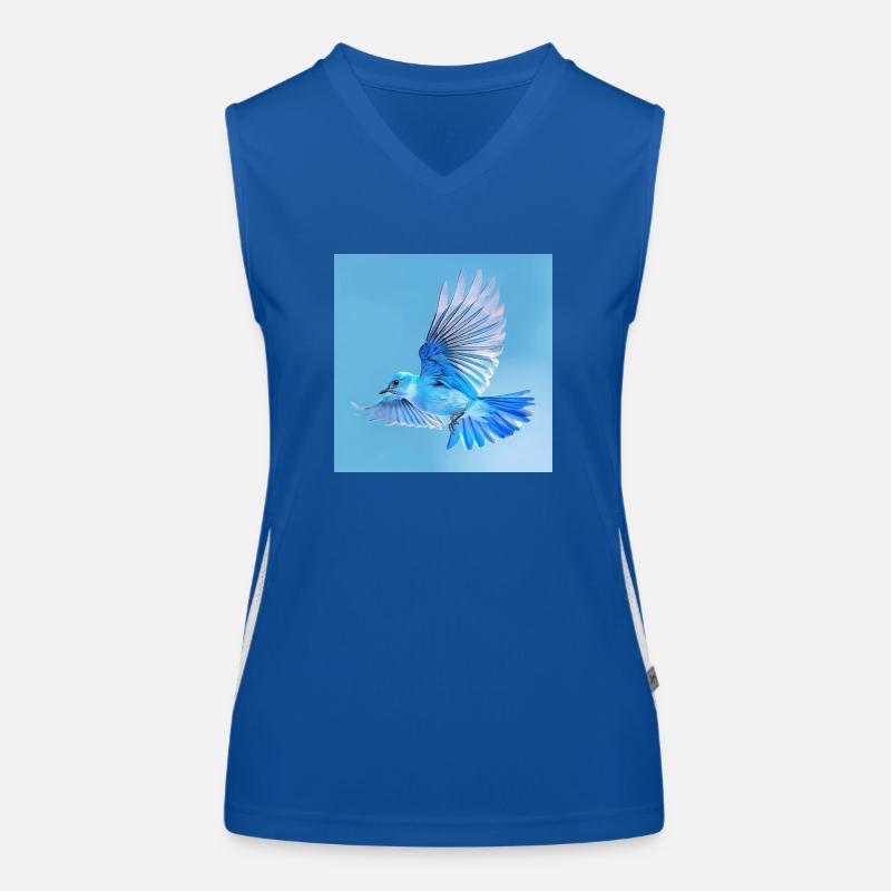 blauer Singvogel im Flug blauer Hintergrund Funktionelles Kontrast-Tank Top für Frauen