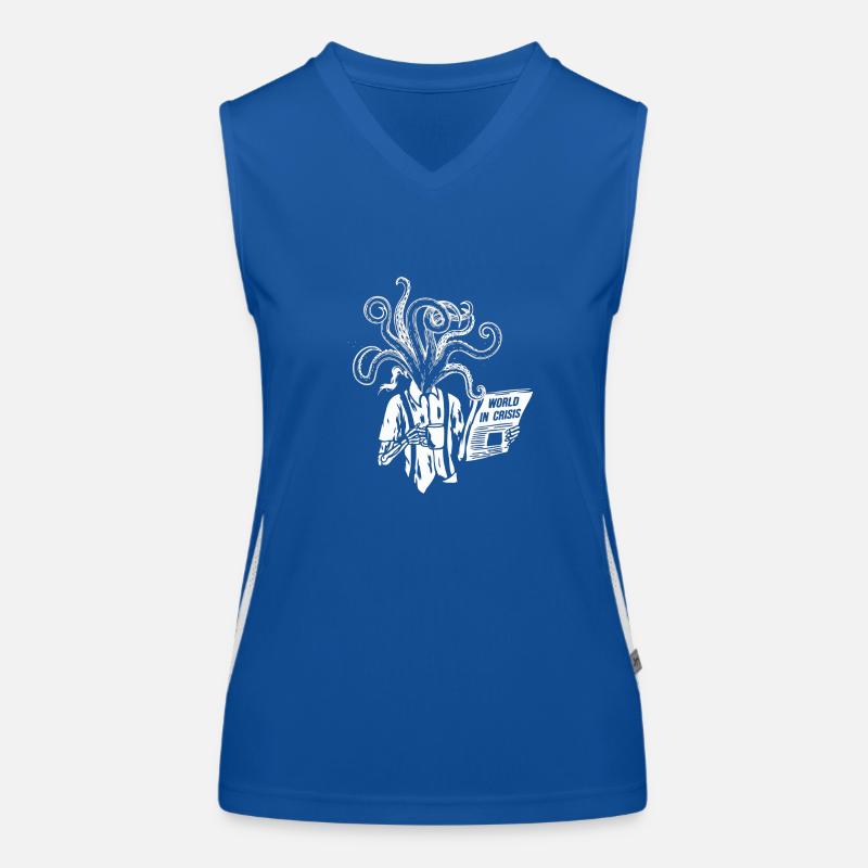 Coffee-drinking skeleton with tentacles, newspaper Women's Functional Contrast Tank Top