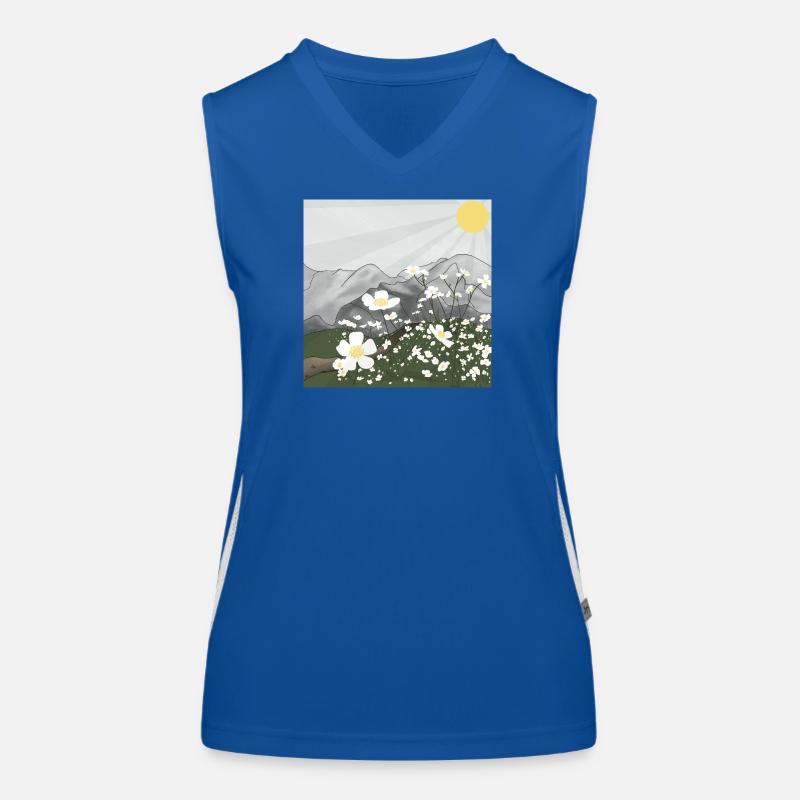 Prairie de fleurs blanches devant le panorama de montagne au printemps Débardeur respirant contrasté Femme